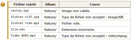 Fichiers rejetés pour différentes raisons lors du scan du répertoire des albums